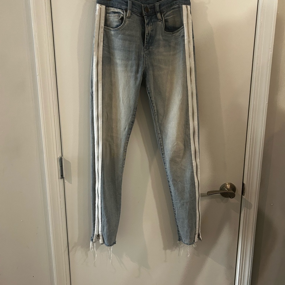 Blank NYC Blue and White Ankle Cropped Jeans with Athletic Stripes